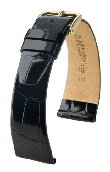 Řemínek Hirsch Prestige Alligator - černý, lesk - 19 mm - L – Standardní délka (doporučujeme) - 14 mm - Stříbrná