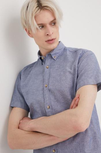 Košile ze směsi lnu Jack & Jones pánská, fialová barva, slim, s límečkem button-down