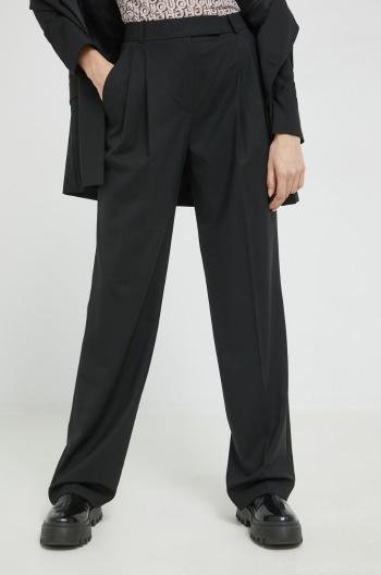 Vlněné kalhoty HUGO dámské, černá barva, jednoduché, high waist