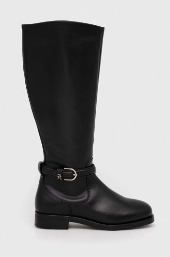 Kožené kozačky Tommy Hilfiger ELEVATED ESSENT THERMO LONGBOOT dámské, černá barva, na plochém podpatku, FW0FW07484