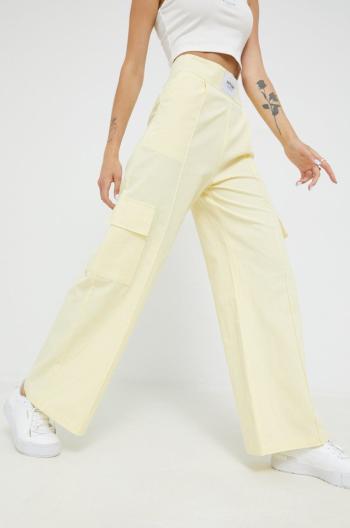 Bavlněné kalhoty Sixth June dámské, žlutá barva, široké, high waist