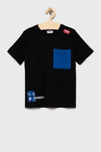 Dětské bavlněné tričko Fila černá barva, vzorovaný