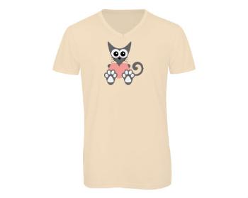 Pánské triko s výstřihem do V Kočka a srdce