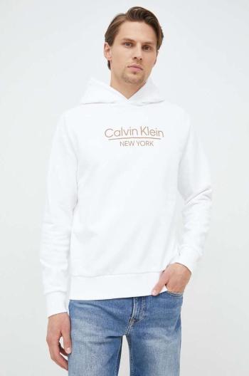 Bavlněná mikina Calvin Klein pánská, bílá barva, s kapucí, vzorovaná
