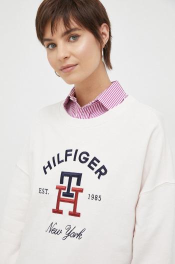 Bavlněná mikina Tommy Hilfiger dámská, béžová barva, s aplikací