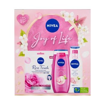 Nivea Joy Of Life dárková kazeta sprchový gel Joy Of Life 250 ml + tělové mléko Joy Of Life 250 ml + textilní pleťová maska Rose Touch 1 ks pro ženy