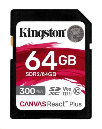 Kingston SDXC karta 64GB Canvas React Plus SDHC UHS-II 300R/260W U3 V90 for Full HD/4K/8K