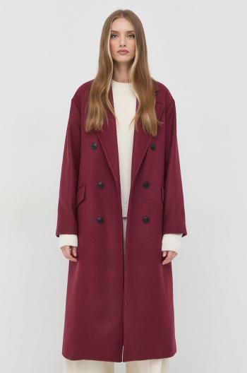 Vlněný kabát Twinset vínová barva, přechodný, dvouřadový
