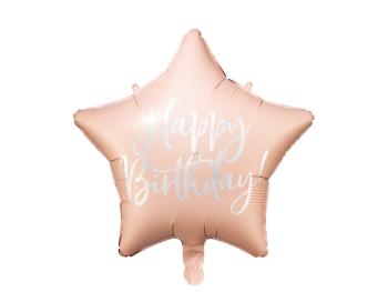 PartyDeco Fóliový balón hvězda - Happy Birthday pudrově růžový 40 cm