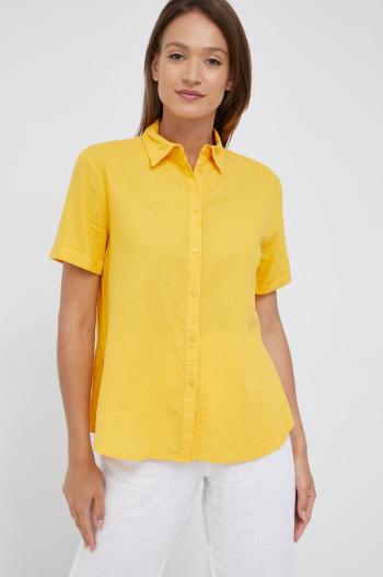 Plátěná košile Sisley dámská, žlutá barva, relaxed, s klasickým límcem
