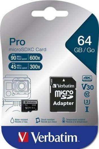 Paměťová karta "PRO", microSDXC, 64GB, C10/U3, 90/45 MB/s, adaptér, VERBATIM