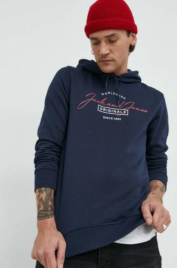 Mikina Jack & Jones pánská, tmavomodrá barva, s kapucí, s potiskem