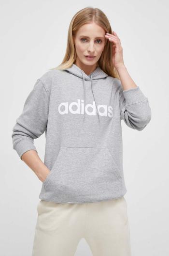 Bavlněná mikina adidas dámská, šedá barva, s kapucí, s potiskem, IC6884