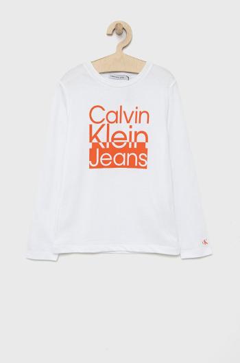 Dětská bavlněná košile s dlouhým rukávem Calvin Klein Jeans bílá barva, s potiskem
