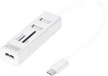 USB 2.0 hub Digitus DA-70243, 3 porty, s konektorem USB C, s hliníkovým krytem, s funkcí OTG, se zabudovanou čtečkou SD karet, kovový ukazatel, 16 mm,