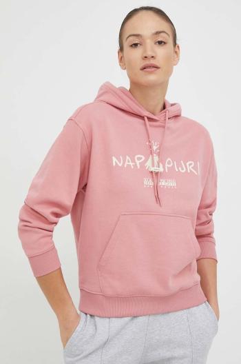 Bavlněná mikina Napapijri dámská, růžová barva, s kapucí, s potiskem