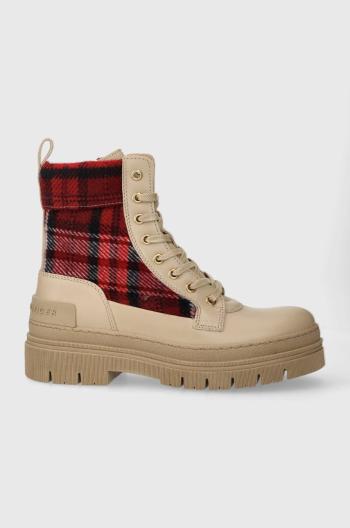 Nízké kozačky Tommy Hilfiger FEMININE TARTAN LACE UP BOOTIE dámské, béžová barva, na plochém podpatku, FW0FW07670