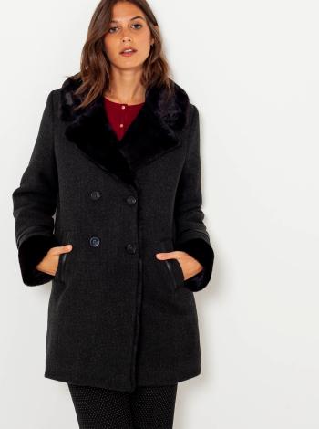 Černý zimní kabát s umělým kožíškem CAMAIEU