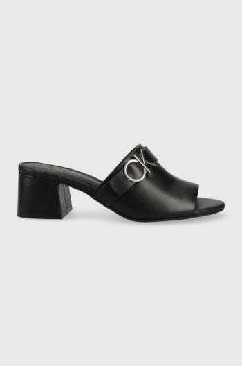 Kožené pantofle Calvin Klein dámské, černá barva, na podpatku