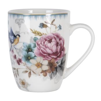 Velký porcelánový hrnek s motivem květin a ptáčka Pivoine - 12*8*10 cm / 0,36 l PIRMU