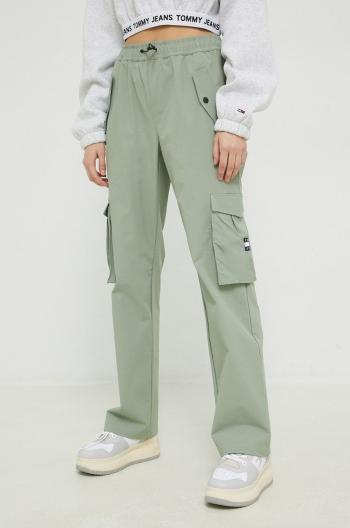 kalhoty Tommy Jeans dámské, zelená barva, kapsáče, high waist