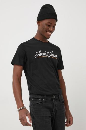 Bavlněné tričko Jack & Jones černá barva, s aplikací