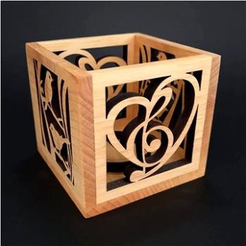 AMADEA Dřevěný svícen krychle s motivem ptáčků a srdce s houslovým klíčem, masivní dřevo, 10x10x10 c (26915-00)