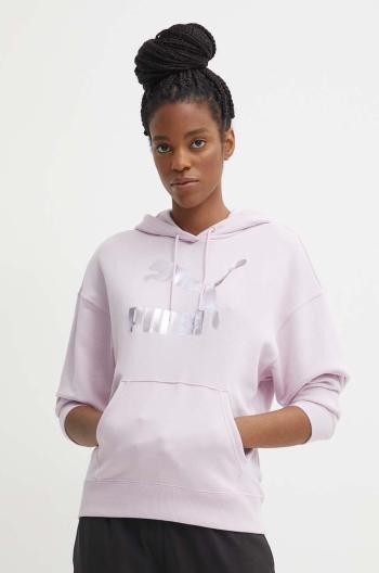 Mikina Puma CLASSICS Shiny Logo Hoodie dámská, fialová barva, s kapucí, s potiskem, 625595