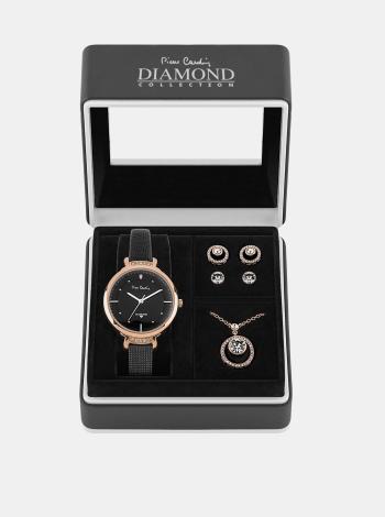 Sada dámských hodinek s koženým páskem a šperků v růžovozlaté barvě Pierre Cardin