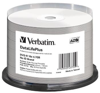 VERBATIM DVD-R(50-Pack)/Spindle/16X/4.7GB/DataLife Plus Wide Thermal Professional No ID Brand