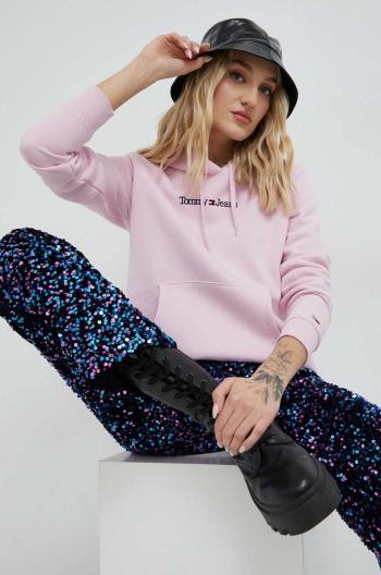 mikina Tommy Jeans dámská, růžová barva, s kapucí, s aplikací
