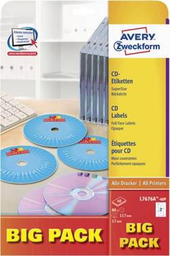 Avery-Zweckform L7676A-40P šítek na CD/DVD Ø 117 mm, papír, bílá, 80 ks, permanentní , inkoust, laser