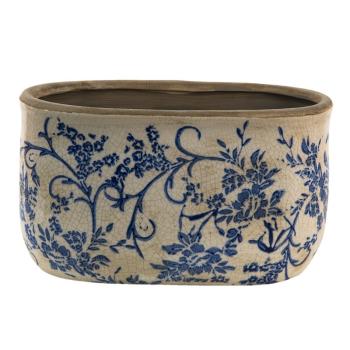 Oválný keramický obal na květináč s modrými květy Saten L - 22*12*13 cm 6CE1398L