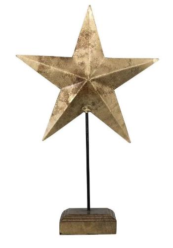 Dekorace zlatá antik kovová hvězda na dřevěném podstavci - 15*9*27cm CISSG27