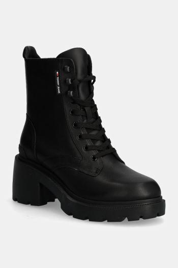 Nízké kozačky Tommy Jeans TJW MID HEEL BOOT LEATHER dámské, černá barva, na podpatku, EN0EN02640