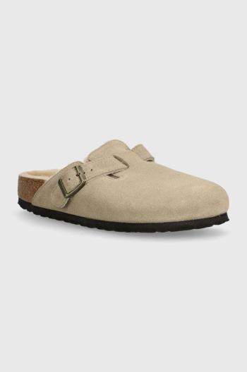 Semišové pantofle Birkenstock Boston Shearling dámské, béžová barva, 1028299