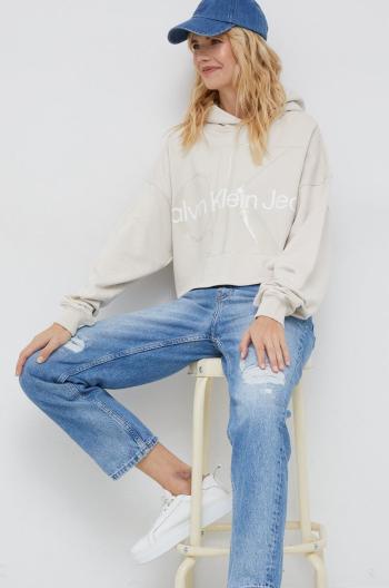Bavlněná mikina Calvin Klein Jeans dámská, béžová barva, s potiskem