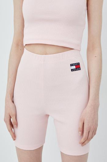 Kraťasy Tommy Jeans dámské, růžová barva, hladké, high waist