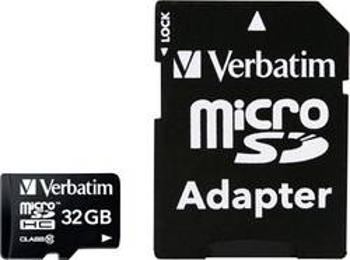 Paměťová karta microSDHC, 32 GB, Verbatim MICRO SDHC 32GB CL 10 ADAP, Class 10, vč. SD adaptéru