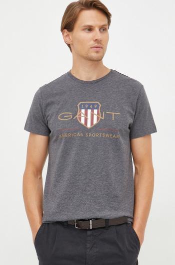 Bavlněné tričko Gant šedá barva, s potiskem