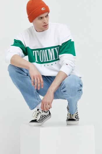 Bavlněná mikina Tommy Jeans pánská, bílá barva, s aplikací