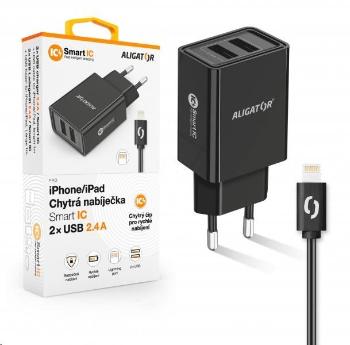 Aligator síťová nabíječka, 2x USB, kabel Lightning 2A, smart IC, 2, 4 A, černá