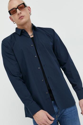 Bavlněná košile HUGO tmavomodrá barva, slim, s klasickým límcem