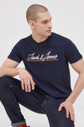 Bavlněné tričko Jack & Jones tmavomodrá barva, s aplikací