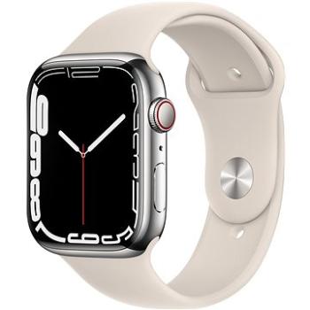Apple Watch Series 7 45mm Cellular Stříbrný nerez s hvězdně bílým sportovním řemínkem (MKJV3HC/A)