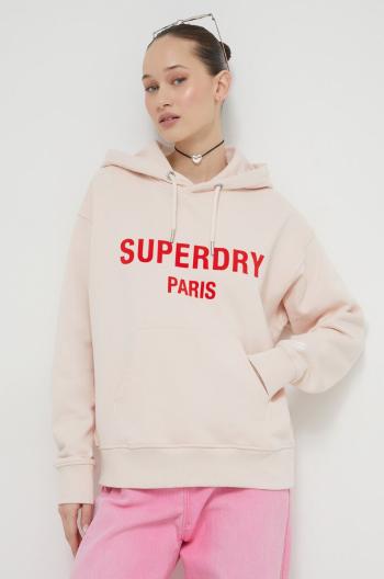 Bavlněná mikina Superdry dámská, růžová barva, s kapucí, s potiskem