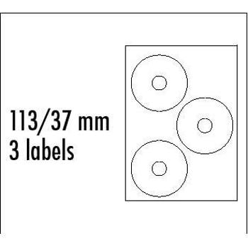 Logo etikety na CD 113/37mm, A4, matné, bílé, 3 etikety, 140g/m2, baleno po 25 ks, pro inkoustové a laserové tiskárny