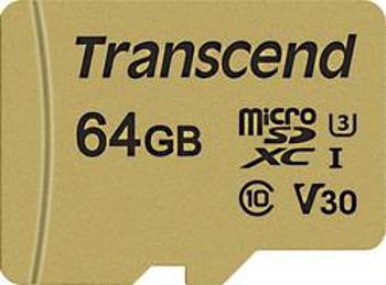 Paměťová karta microSDXC, 64 GB, Transcend Premium 500S, Class 10, UHS-I, UHS-Class 3, v30 Video Speed Class, vč. SD adaptéru