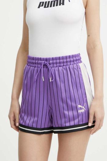 Kraťasy Puma T7 dámské, fialová barva, vzorované, high waist, 624345