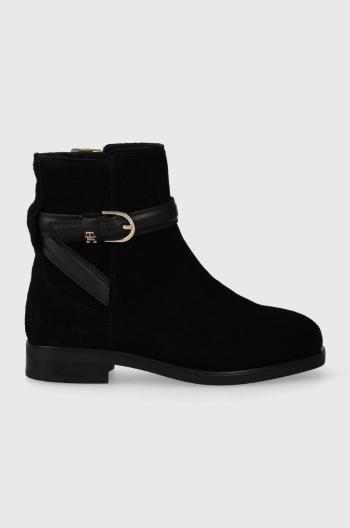 Semišové boty Tommy Hilfiger ELEVATED ESSENT BOOT THERMO SDE dámské, černá barva, na plochém podpatku, FW0FW07482